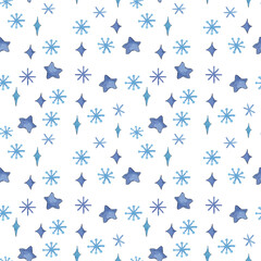 Christmas  Seamless Background with Blue Stars. Watercolor Blue stars on White Background. Winter Seamless pattern.