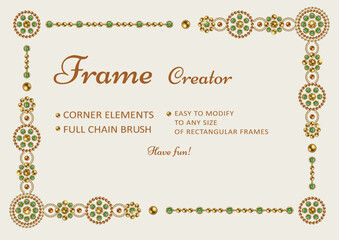 Frame creator with corner elements, round jewelry motifs, pattern chain brush. Easy to modify to various size of frame. Gold elements with green gems. White background. Vintage style.