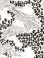 Print zebra leopard animal mix texture, seamless pattern, black and white background. Fashion