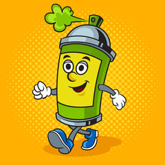 Aerosol spray paint graffiti paint can walking cartoon pinup pop art retro raster illustration. Comic book style imitation.