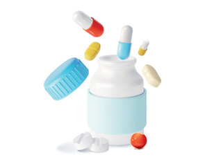3d Pharmacy Drug Set Plasticine Cartoon Style. Vector illustration of Medicine Bottle with Different Pills and Capsule