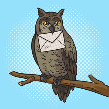 Fabulous owl with letter in its beak pinup pop art retro raster illustration. Comic book style imitation.