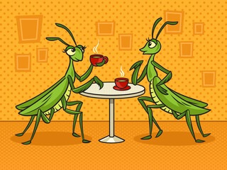two cartoon mantis girls gossiping in cafe pinup pop art retro raster illustration. Comic book style imitation.