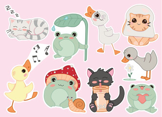 Obraz premium Cute vector stickers with animals/pets: frog, duck and cat