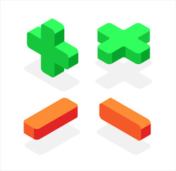 Plus and minus. Flat, 3d, vector, isometric, cartoon style illustration isolated on white background