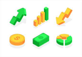 Economy related icons. Money, charts, exchanges. Flat, 3d, vector, isometric, cartoon style illustration isolated on white background.