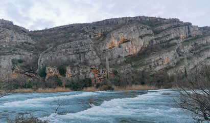 Low-angle view of a beautiful Roski slap waterfall, National Park Krka, Croatia