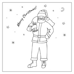 Santa Claus. Hand-drawn doodle illustration for coloring book. Christmas and New Year decoration.