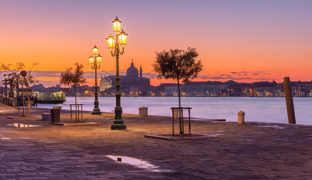 Fondamenta Zattere Al Ponte Lungo at sunrise in Venice, Italy.