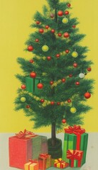 Fototapeta na wymiar pastel colored pencil art of christms tree with red and green presents, made by AI, artificial intelligence