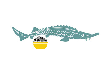 Sturgeon and black caviar isolated. Fish delicacy.