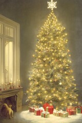vintage christmas tree illustration with star on top, surrounded by gold and red presents, ivory window, made by AI, artificial intelligence
