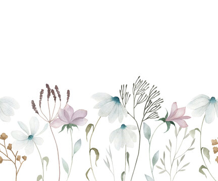 Watercolor seamless border with delicate flowers. Hand drawn floral illustration on white background.  Vintage summer plant