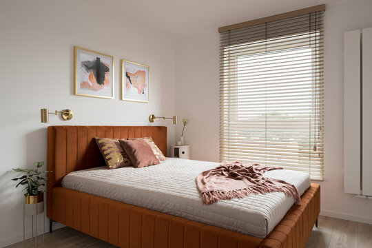 Stylish bedroom with bed in velvet frame