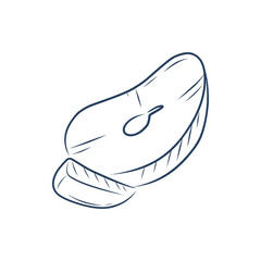 A peace of fish steak. Vector drawing of a salmon steak. One continuous line fish meat isolated on a white background.
