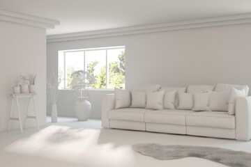 White minimalist living room with sofa. Scandinavian interior design. 3D illustration