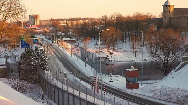 Narva, Estonia - 03.12.2021: border bridge between Russia and Estonia, EU.
