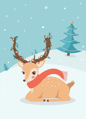 Christmas card with cute reindeer and christmas tree