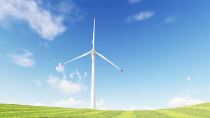 Fototapeta premium Panoramic view of wind farm or wind park, with high wind turbines for generation electricity with copy space. green energy concept. Windmills in the on a beautiful bright day. 3d rendering.