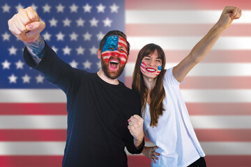 fans of the usa soccer team celebrate winning a match during the world championships; happy usa...