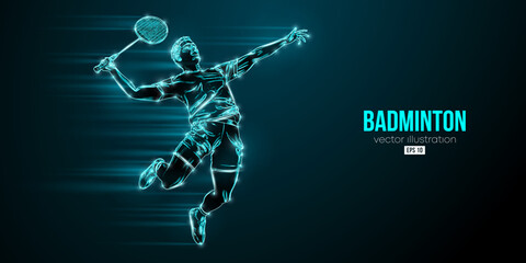 Abstract silhouette of a badminton player on black background. The badminton player man hits the shuttlecock. Vector illustration © Yevheniia