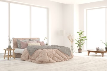 Soft color bedroom interior. Scandinavian design. 3D illustration
