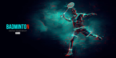 Abstract silhouette of a badminton player on black background. The badminton player man hits the shuttlecock. Vector illustration