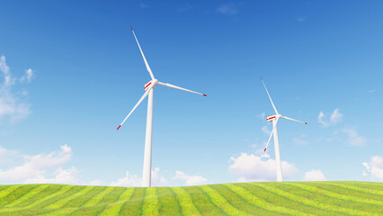 Panoramic view of wind farm or wind park, with high wind turbines for generation electricity with copy space. green energy concept. Windmills in the on a beautiful bright day.