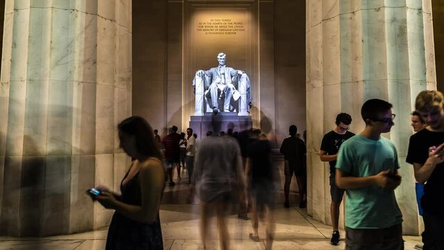 WASHINGTON DC, USA &ndash; MAY 23, 2019: Uhd 4k Timelapse of Abraham Lincoln statue inside Lincoln Memorial in Washington DC, USA

