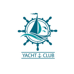icon of sailing yacht, helm and ocean waves with seagulls