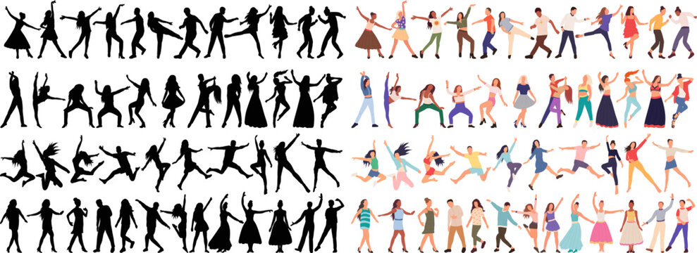 set of dancing people in flat style, isolated vector