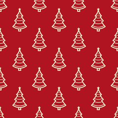 Small contour linear beige Christmas trees isolated on a red background. Cute monochrome festive seamless pattern. Vector simple flat graphic illustration. Texture.