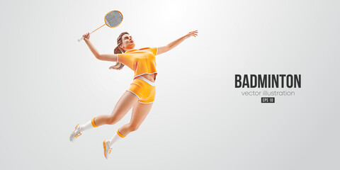 Fototapeta na wymiar Realistic silhouette of a badminton player on white background. The badminton player woman hits the shuttlecock. Vector illustration