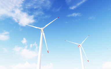 Fototapeta premium Wind farm for power generation in beautiful skies and swaying grass. Wind turbines produce clean renewable energy for sustainable development. 3d rendering.