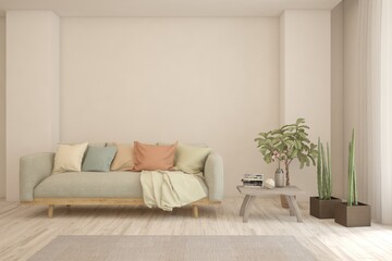 White living room with sofa. Scandinavian interior design. 3D illustration