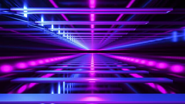 3D Abstract Scene, Futuristic Concept World, Virtual Tunnel With Neon Fluorescent Lights, Digital Cyber Futurism, Sci-Fi Techno Style In Animation Background. 4K Moving Loop, Cycled Seamless Render