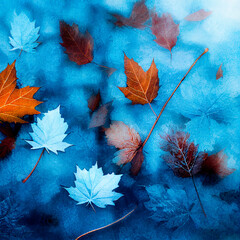 Winter blue background with fall leaves frozen in lake water,  Generative AI	