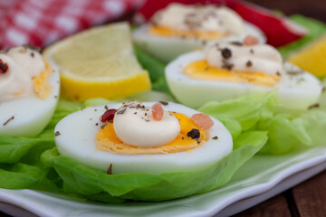 Appetizer of boiled eggs with mayonnaise and spices. Eggs with mayonnaise on green lettuce leaf.