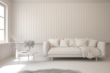 Mock up of minimalist living room in white color with sofa. Scandinavian interior design. 3D illustration