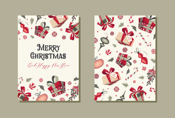 Merry Christmas and Happy Holidays cards with New Year tree, reindeers, snowflakes and backgrounds design. Modern universal artistic templates. Vector illustration.