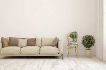 White living room with sofa. Scandinavian interior design. 3D illustration