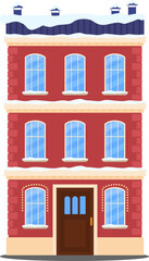Christmas decorated house facade, New Year greeting card with a small cottage house vector illustration.
