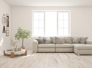 White living room with sofa. Scandinavian interior design. 3D illustration