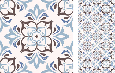 Seamless Azulejo tile. Portuguese and Spain decor. Ceramic tile. Seamless Floral pattern. Vector hand drawn illustration, typical portuguese and spanish tile - 548040727