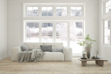 White living room with sofa and winter landscape in window. Scandinavian interior design. 3D illustration