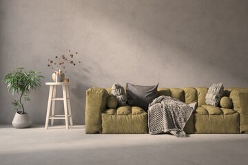 Atmosferic living room with sofa with concrete wall. Scandinavian interior design. 3D illustration