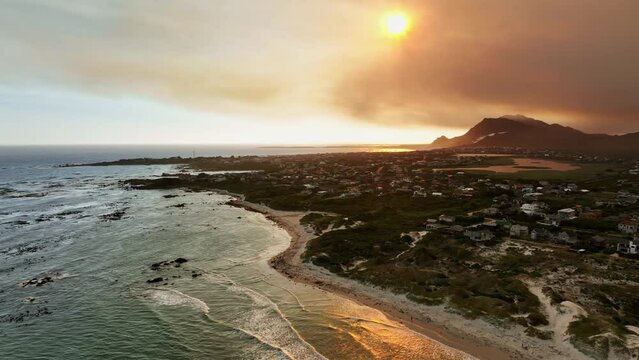 Aerial of a sunset over Betty's Bay close to Cape Town, South Africa.
