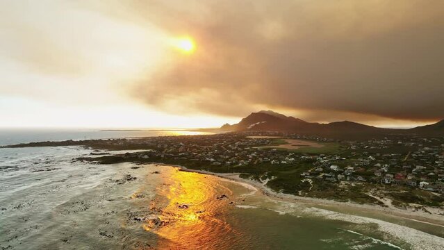 Aerial of a sunset over Betty's Bay close to Cape Town, South Africa.