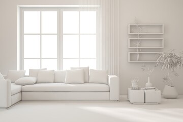 Mock up of minimalist living room in white color with sofa. Scandinavian interior design. 3D illustration