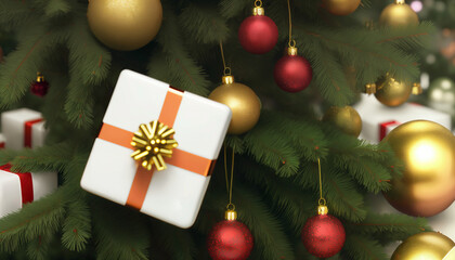 Chrismas background, ornaments and christmas tree, 3d render